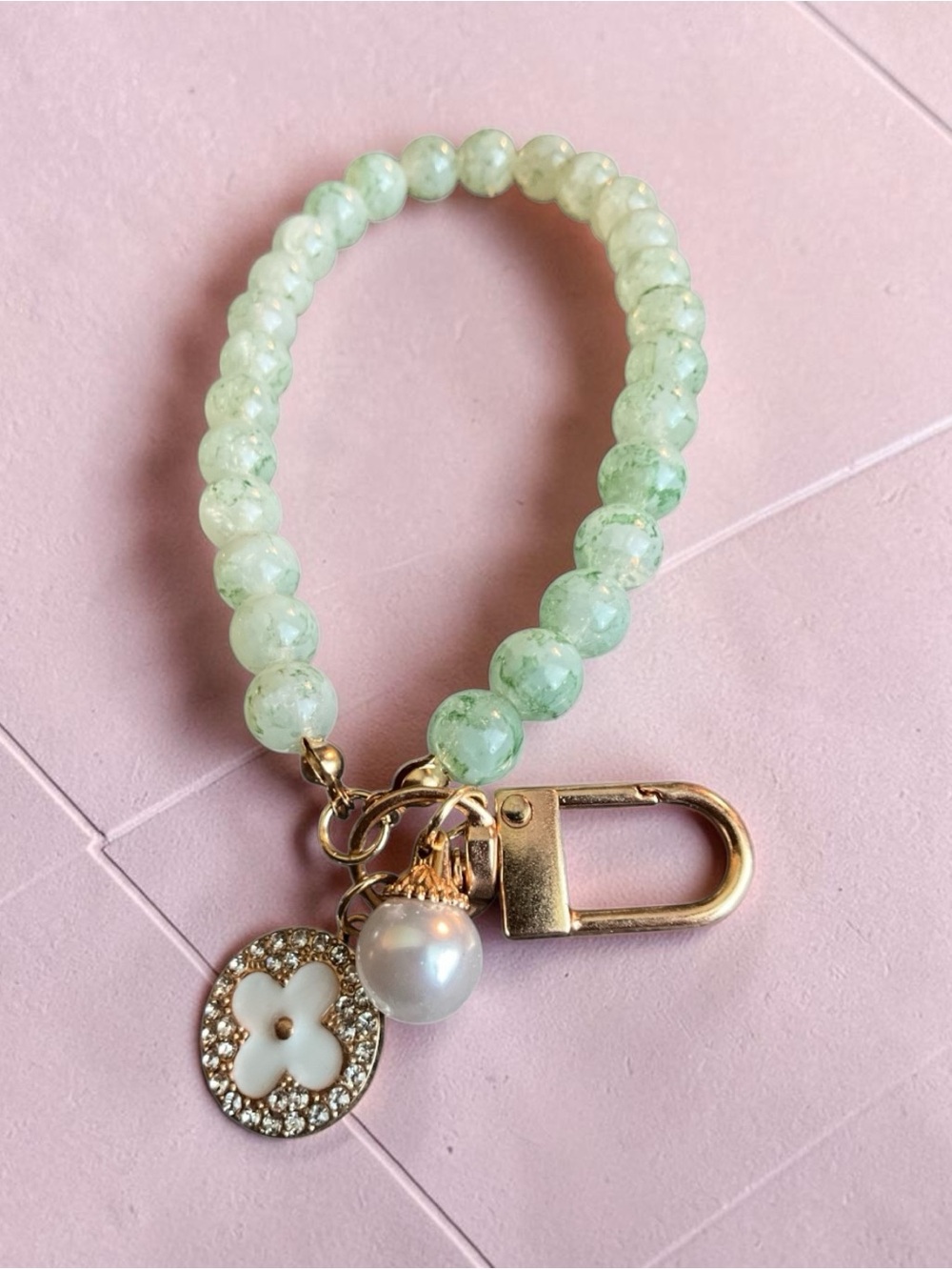 Beaded Wristlet Phone Charm with Gold Hardware in Mint Green 7 “